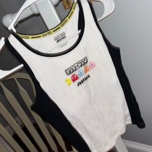 Justice White & Black Ribbed Tank with Colorful Pac-Man Embroidery